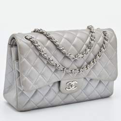 Chanel Silver Quilted Lambskin Leather Jumbo Classic Double Flap Bag