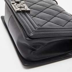 Pre Owned Chanel Black Quilted Leather Medium Double Stitch Boy Flap Bag