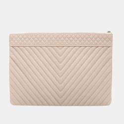 Chanel Beige Leather chevron CC clutch