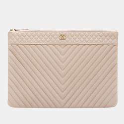 Chanel Beige Leather chevron CC clutch