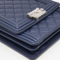 Pre Owned Chanel Blue Quilted Leather North South Boy Shoulder Bag