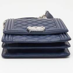 Pre Owned Chanel Blue Quilted Leather North South Boy Shoulder Bag