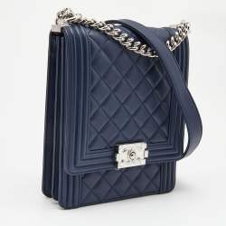 Pre Owned Chanel Blue Quilted Leather North South Boy Shoulder Bag