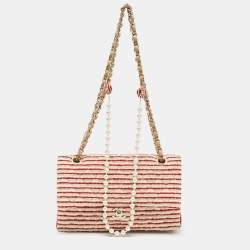 Authentic Chanel 2014 Coco Sailor Bag Red Stripe with Pearl Chain