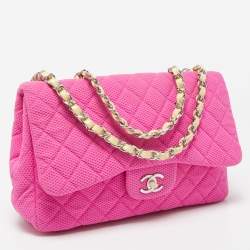 Pre Owned Chanel Pink Quilted Jersey Jumbo Classic Single Flap Bag