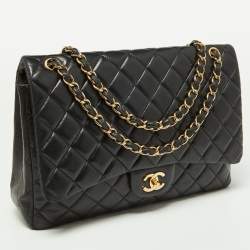 Pre Owned Chanel Black Quilted Lambskin Leather Maxi Classic Double Flap Bag