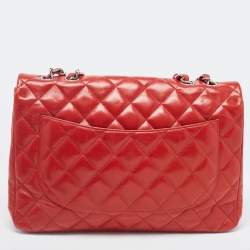 Pre Owned Chanel Red Quilted Leather Jumbo Classic Single Flap Bag