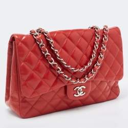 Pre Owned Chanel Red Quilted Leather Jumbo Classic Single Flap Bag