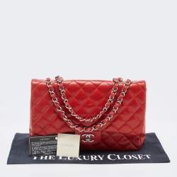 Pre Owned Chanel Red Quilted Leather Jumbo Classic Single Flap Bag