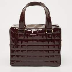 Pre Owned Chanel Red Cube Bar Quilted Patent Leather Boston Bag
