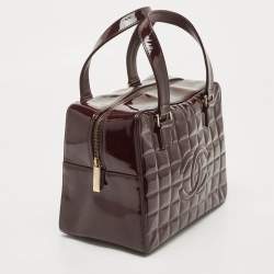 Pre Owned Chanel Red Cube Bar Quilted Patent Leather Boston Bag