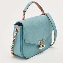 Pre Owned Chanel Light Blue Quilted Caviar Leather Small Cuba CC Flap Bag