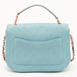 Pre Owned Chanel Light Blue Quilted Caviar Leather Small Cuba CC Flap Bag