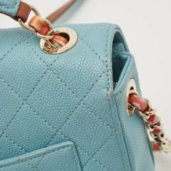 Pre Owned Chanel Light Blue Quilted Caviar Leather Small Cuba CC Flap Bag