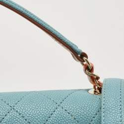 Pre Owned Chanel Light Blue Quilted Caviar Leather Small Cuba CC Flap Bag