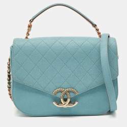 Pre Owned Chanel Light Blue Quilted Caviar Leather Small Cuba CC Flap Bag