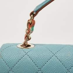 Pre Owned Chanel Light Blue Quilted Caviar Leather Small Cuba CC Flap Bag