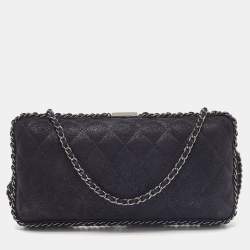 Pre Owned Chanel Black Quilted Iridescent Suede Chain Around Clutch