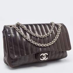 Pre Owned Chanel Brown Vertical Quilted Leather Medium Flap Bag