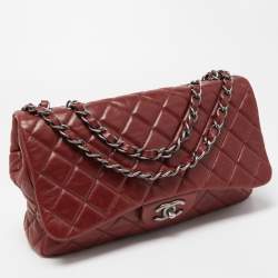 Pre Owned Chanel Red Quilted Leather Jumbo Classic Single Flap Bag