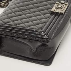 Pre Owned Chanel Black Quilted Patent Leather New Medium Boy Flap Bag