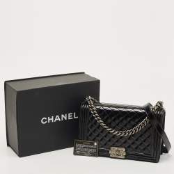 Pre Owned Chanel Black Quilted Patent Leather New Medium Boy Flap Bag