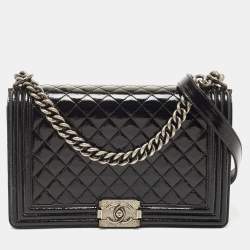 Pre Owned Chanel Black Quilted Patent Leather New Medium Boy Flap Bag