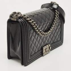 Pre Owned Chanel Black Quilted Patent Leather New Medium Boy Flap Bag
