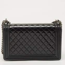 Pre Owned Chanel Black Quilted Patent Leather New Medium Boy Flap Bag
