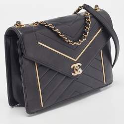 Chanel Black Leather Reversed Chevron Flap Bag