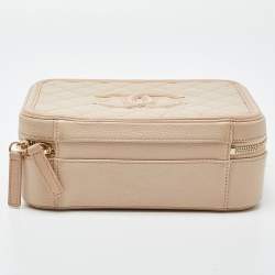 Pre Owned Chanel Beige Quilted Caviar Leather Medium CC Filigree Vanity Case Bag