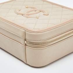 Pre Owned Chanel Beige Quilted Caviar Leather Medium CC Filigree Vanity Case Bag