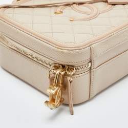 Pre Owned Chanel Beige Quilted Caviar Leather Medium CC Filigree Vanity Case Bag