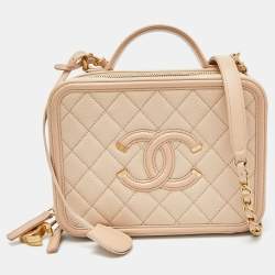 Pre Owned Chanel Beige Quilted Caviar Leather Medium CC Filigree Vanity Case Bag