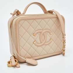 Pre Owned Chanel Beige Quilted Caviar Leather Medium CC Filigree Vanity Case Bag