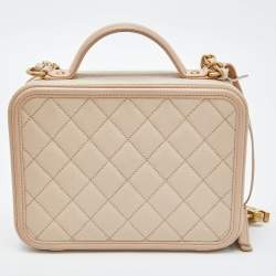 Pre Owned Chanel Beige Quilted Caviar Leather Medium CC Filigree Vanity Case Bag