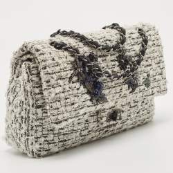 Pre Owned Chanel White/Black Garden Charms Tweed Reissue 2.55 Classic 225 Flap Bag