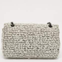 Pre Owned Chanel White/Black Garden Charms Tweed Reissue 2.55 Classic 225 Flap Bag