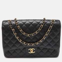 Pre Owned  Chanel Black Quilted Caviar Leather Maxi Classic Double Flap Bag 