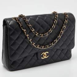 Pre Owned  Chanel Black Quilted Caviar Leather Maxi Classic Double Flap Bag 