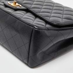 Pre Owned  Chanel Black Quilted Caviar Leather Maxi Classic Double Flap Bag 