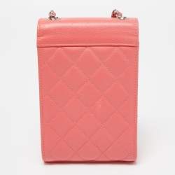 Pre Owned Chanel Coral Pink Quilted Caviar Leather CC Phone Flap Crossbody Bag
