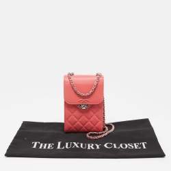 Pre Owned Chanel Coral Pink Quilted Caviar Leather CC Phone Flap Crossbody Bag