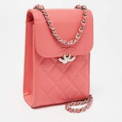 Pre Owned Chanel Coral Pink Quilted Caviar Leather CC Phone Flap Crossbody Bag