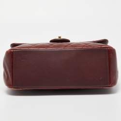 Pre Owned Chanel Burgundy Aged Leather Gold Bar Top Handle Bag