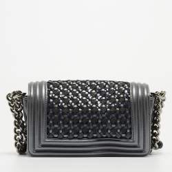 Pre Owned Chanel Grey Woven Patent, Suede and Leather Small Boy Bag
