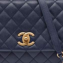 Pre Owned Chanel Blue/Pink Quilted Caviar Leather and Watersnake Leather Medium Coco Top Handle Bag