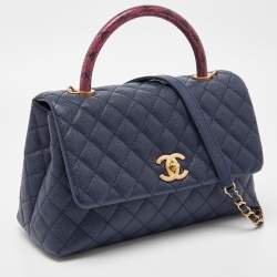 Pre Owned Chanel Blue/Pink Quilted Caviar Leather and Watersnake Leather Medium Coco Top Handle Bag