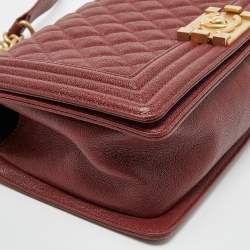 Pre Owned Chanel Maroon Quilted Caviar Leather Medium Boy Flap Bag