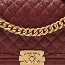 Pre Owned Chanel Maroon Quilted Caviar Leather Medium Boy Flap Bag
